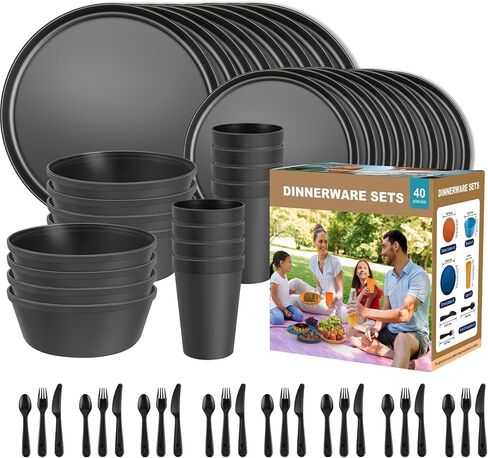 Plastic Dinnerware Sets – Brown Plastic Plates, 40-Piece Reusable Dishes Set for 8 with Cups, Forks, Knives and Spoons, Unbreakable Plates and Bowls for Camping, Outdoor Use in Saudi Arabia