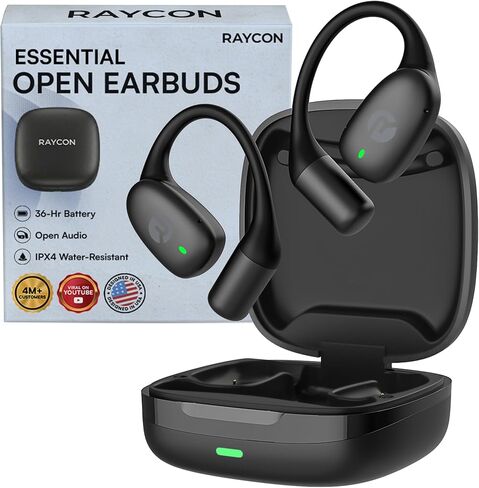 Raycon Essential Open Open Ambuds-Wireless Wireless Open Bluetooth 6.0 سماعات الرأس ، ووزن خفيف للغاية ، وتصميم خطاف الراحة ، ومقاومة للماء IPX5 ، وعمر البطارية 36 ساعة (أسود) in Kuwait