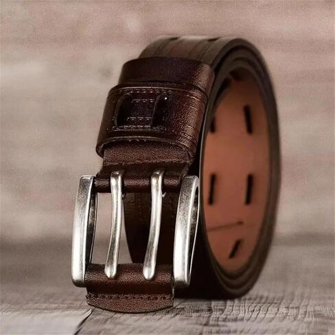 Men's Leather Belt - 3.8 cm Split Cowhide with Double Needle Buckle, Vintage Cowboy Style in Saudi Arabia