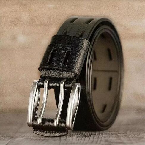 Men's Leather Belt - 3.8 cm Split Cowhide with Double Needle Buckle, Vintage Cowboy Style in Saudi Arabia