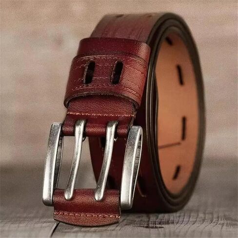 Men's Leather Belt - 3.8 cm Split Cowhide with Double Needle Buckle, Vintage Cowboy Style in Saudi Arabia