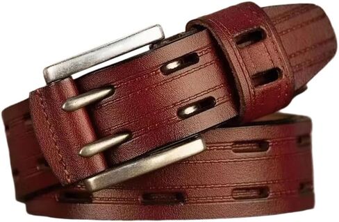 Men's Leather Belt - 3.8 cm Split Cowhide with Double Needle Buckle, Vintage Cowboy Style in Saudi Arabia