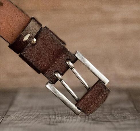 Men's Leather Belt - 3.8 cm Split Cowhide with Double Needle Buckle, Vintage Cowboy Style in Saudi Arabia