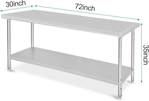 Stainless Steel Table, 72x30x35 Inch, Commercial Heavy Duty Double Tier Table with Adjustable Under Shelf, NSF Metal Commercial Kitchen Table for Kitchen Restaurant Garage in Saudi Arabia