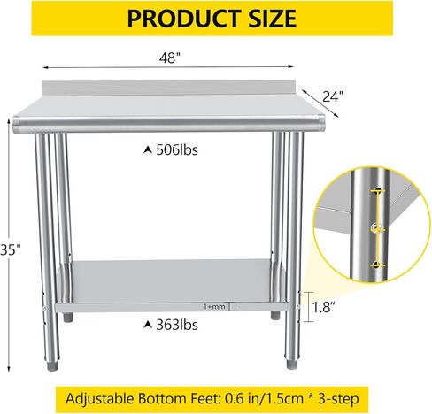 Garvee 24×48 in Commercial Work Table with Undershelf, Stainless Steel Prep Table, Stainless Steel Kitchen Worktops, for Kitchen Restaurant, Home and Hotels, with Backboard in Saudi Arabia