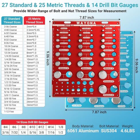 مدقق خيط الصواميل والمسامير من وايونا 66 - 27 مقياس خيط مسمار قياسي و25 متري و14 مقياس لقمة الثقب، أداة تحديد حجم الصواميل والمسمار، مقياس معرف المسمار والصمولة القابل للتركيب على الحائط بمقاييس مزدوجة in Kuwait