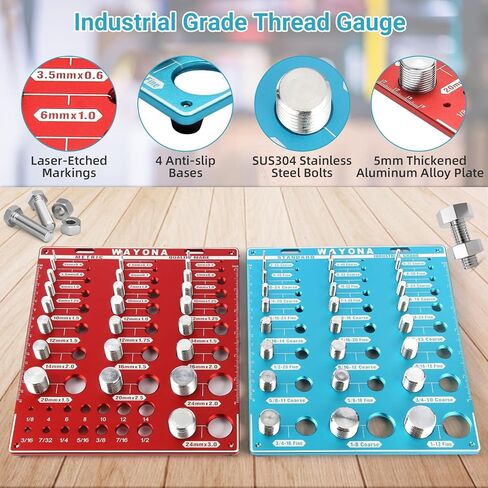 مدقق خيط الصواميل والمسامير من وايونا 66 - 27 مقياس خيط مسمار قياسي و25 متري و14 مقياس لقمة الثقب، أداة تحديد حجم الصواميل والمسمار، مقياس معرف المسمار والصمولة القابل للتركيب على الحائط بمقاييس مزدوجة in Kuwait