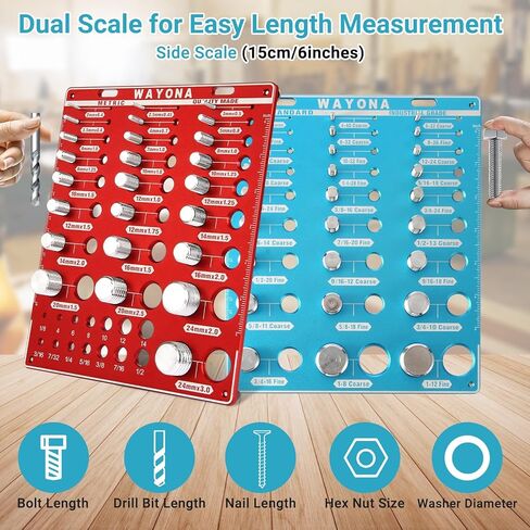 مدقق خيط الصواميل والمسامير من وايونا 66 - 27 مقياس خيط مسمار قياسي و25 متري و14 مقياس لقمة الثقب، أداة تحديد حجم الصواميل والمسمار، مقياس معرف المسمار والصمولة القابل للتركيب على الحائط بمقاييس مزدوجة in Kuwait