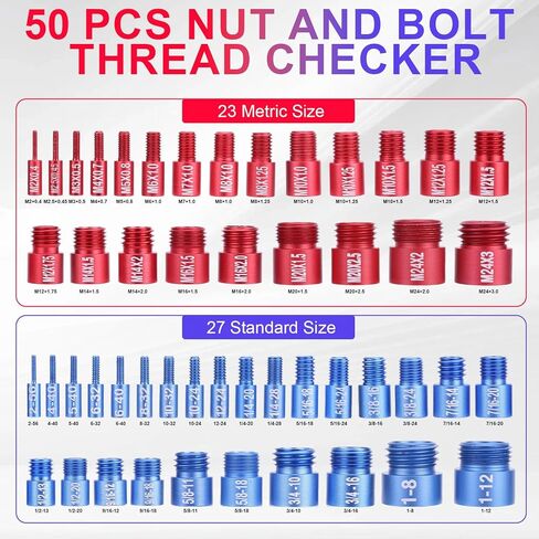 Thread Checker, 50 Pcs Nut and Bolt Thread Checker - 27 Standard & 23 Metric Box Set Thread Gauge for Size Checker of Bolts or Nuts in Narrow Areas in Saudi Arabia
