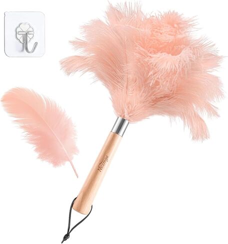 Pink Ostrich Feather Duster with Wooden Handle, 13.5 inch Natural Fluffy Cleaning Tool for Dusting Home, Car, Delicate Surfaces, Reusable Decorative Duster for Ledges, Blinds & Delicate Home Decor in Saudi Arabia