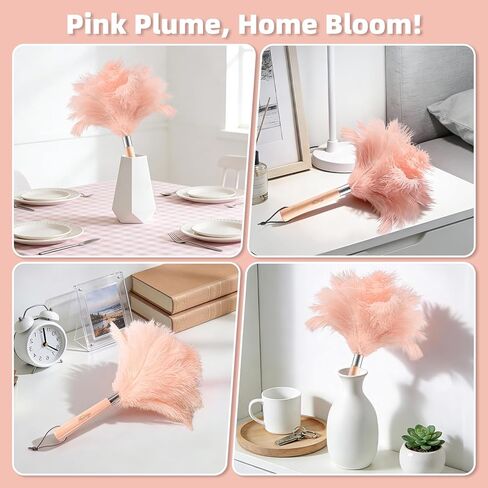 Pink Ostrich Feather Duster with Wooden Handle, 13.5 inch Natural Fluffy Cleaning Tool for Dusting Home, Car, Delicate Surfaces, Reusable Decorative Duster for Ledges, Blinds & Delicate Home Decor in Saudi Arabia