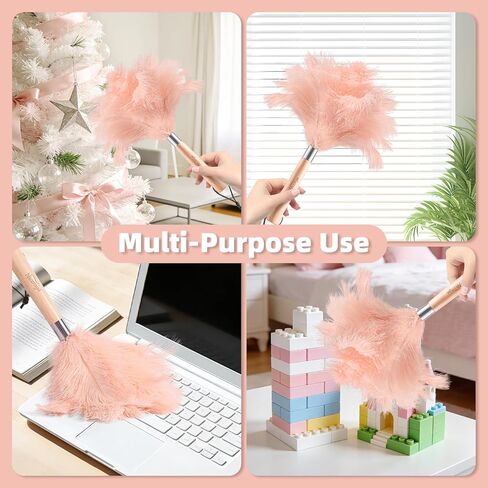 Pink Ostrich Feather Duster with Wooden Handle, 13.5 inch Natural Fluffy Cleaning Tool for Dusting Home, Car, Delicate Surfaces, Reusable Decorative Duster for Ledges, Blinds & Delicate Home Decor in Saudi Arabia