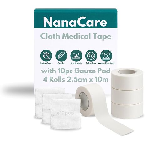 NanaCare Cloth Medical Tape Waterproof, 4 Rolls x 1 inch + 10 pc Gauze Pads - Hypoallergenic Surgical Tape for Wound Care, Dressings & Face, First Aid Waterproof Bandage for Sensitive Skin in Kuwait