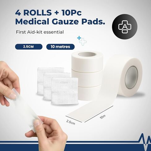 NanaCare Cloth Medical Tape Waterproof, 4 Rolls x 1 inch + 10 pc Gauze Pads - Hypoallergenic Surgical Tape for Wound Care, Dressings & Face, First Aid Waterproof Bandage for Sensitive Skin in Kuwait