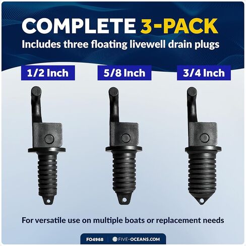 Five Oceans Floating Livewell Drain Plugs - 3-Pack (1/2", 5/8", 3/4") ABS Black Plastic, Twist or Cam-Over Adjustable, Universal Replacement for Boats & Kayaks - FO4968 in Saudi Arabia