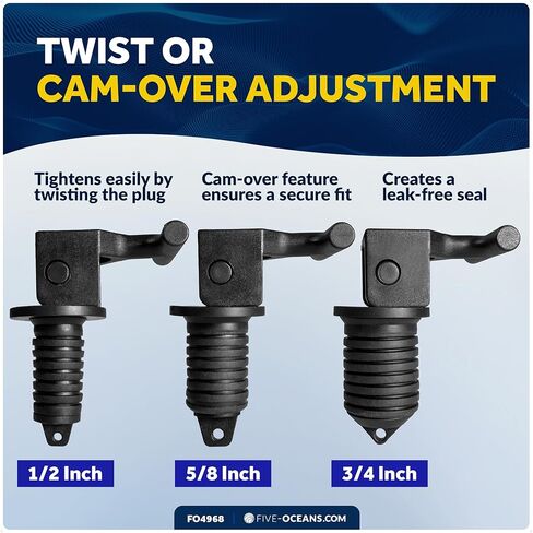 Five Oceans Floating Livewell Drain Plugs - 3-Pack (1/2", 5/8", 3/4") ABS Black Plastic, Twist or Cam-Over Adjustable, Universal Replacement for Boats & Kayaks - FO4968 in Saudi Arabia