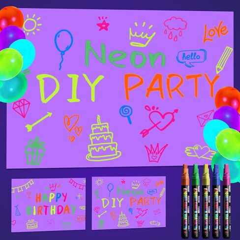 Glow in The Dark Party Supplies - DIY Neon Party Decorations Include 2 White Graffiti Papers and 5 Fluorescent Colored Pens Black Light Photo Booth Backdrop, 3.9 x 5.9 ft in Saudi Arabia