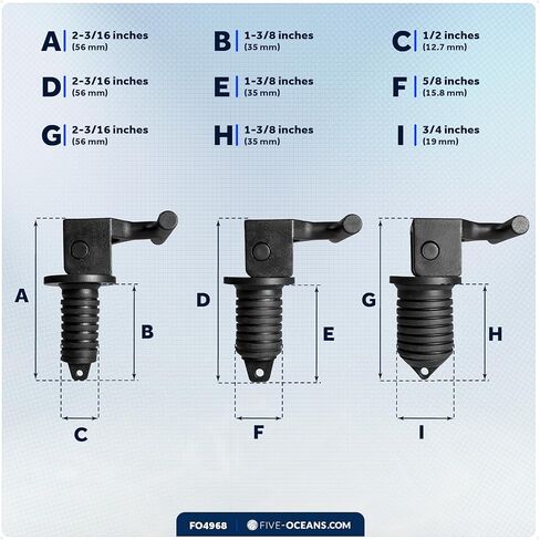 Five Oceans Floating Livewell Drain Plugs - 3-Pack (1/2", 5/8", 3/4") ABS Black Plastic, Twist or Cam-Over Adjustable, Universal Replacement for Boats & Kayaks - FO4968 in Saudi Arabia