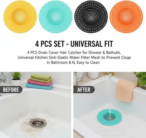 4 PCS Drain Cover Hair Catcher for Shower & Bathtub, Universal Kitchen Sink Strainers, Food-Grade Plastic Water Filter Mesh to Prevent Clogs in Bathroom & Kitchen, Easy to Clean (Random Colors) in Saudi Arabia