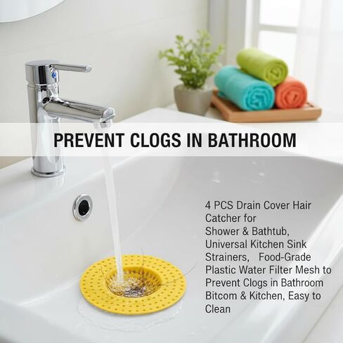 4 PCS Drain Cover Hair Catcher for Shower & Bathtub, Universal Kitchen Sink Strainers, Food-Grade Plastic Water Filter Mesh to Prevent Clogs in Bathroom & Kitchen, Easy to Clean (Random Colors) in Saudi Arabia