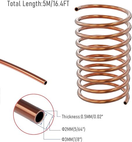 Copper Pipe Soft Coil Copper Tubing 1/8" OD x 5/64" ID x 16.4 Ft Length T2 Refrigeration Copper Tubing for Air Conditioners, Refrigerator, DIY Projects in Kuwait