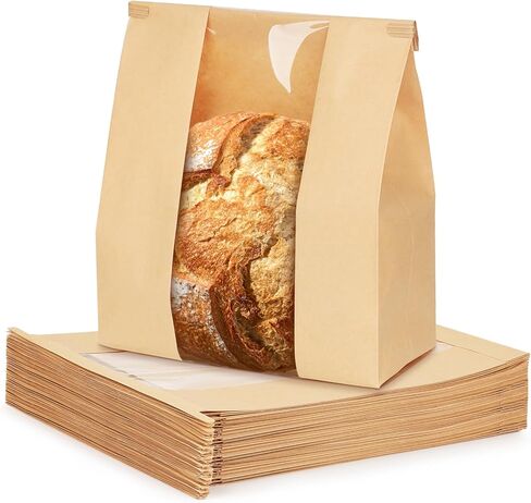 100 Pack Small Paper Bread Bags for Homemade Bread, 7x3×11 Inches Resealable Tin Tie Tab Bakery Bags with Window for Round Sourdough, Cookies, Loaves, Bagels | Grease Resistant in Saudi Arabia