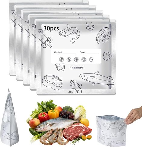 أكياس تخزين قابلة للإغلاق من رقائق الألومنيوم قابلة لإعادة الاستخدام، 2026 أكياس جديدة قابلة للإغلاق بسحاب مع ملصق لتخزين الطعام، أكياس رقائق معدنية آمنة للتسرب ومضادة للتسرب للحوم والفواكه والخضروات (30 كبيرة) in Kuwait