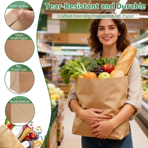 16LB Medium Brown Paper Bags(100pcs),9.8 x 5.5 x 13"Natural Kraft Paper Bags for Bread,Take Out,Delivery,Durable Paper Grocery Bags for Retail Shopping,Storage,Compost in Saudi Arabia