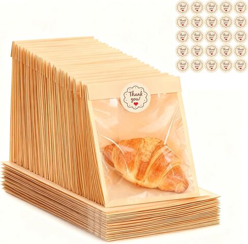 100 قطعة من أكياس البسكويت مع ملصقات شكرًا لك، أكياس مخبز ورقية مقاس 5.1 × 7.5 بوصة مع نافذة لتقديم الهدايا والوجبات الخفيفة وتغليف السلع المخبوزة (100، 5.1 × 7.5 بوصة) in Kuwait