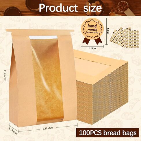100 Pack Paper Bread Bags for Homemade Bread with Window and 100 Label Stickers,Sourdough Bread Bags for Storage of Bread,Cookie, Snack,Candy Packaging with Tin Tie 13.7 x 8.3 x 3.5 In in Saudi Arabia