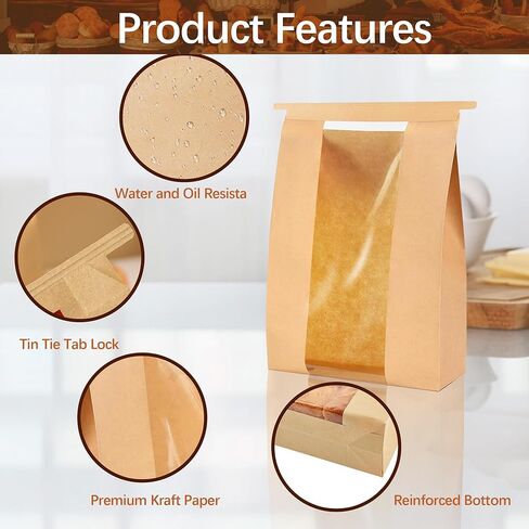 100 Pack Paper Bread Bags for Homemade Bread with Window and 100 Label Stickers,Sourdough Bread Bags for Storage of Bread,Cookie, Snack,Candy Packaging with Tin Tie 13.7 x 8.3 x 3.5 In in Saudi Arabia