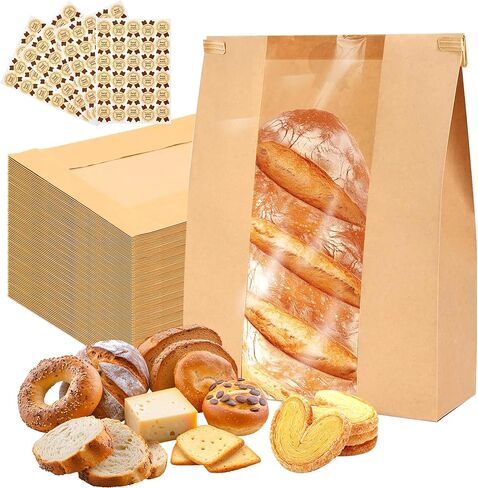 100 عبوة من أكياس الخبز الورقية للخبز المنزلي مع نافذة و100 ملصق ملصق، أكياس خبز العجين المخمر لتخزين الخبز والبسكويت والوجبات الخفيفة وتغليف الحلوى مع ربطة عنق من القصدير 13.7 × 8.3 × 3.5 بوصة in Kuwait