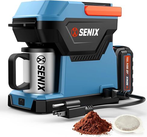SENIX Coffee Maker, Portable Coffee Machine, 2-in-1 20V 5.0 Ah Battery, Charger & Power Cord, Compatible with K-Cups, Ground, Pods, 8oz Brew Size - for Travel, Camping, Job Site, RV, Home (CMX2-M4) in Kuwait