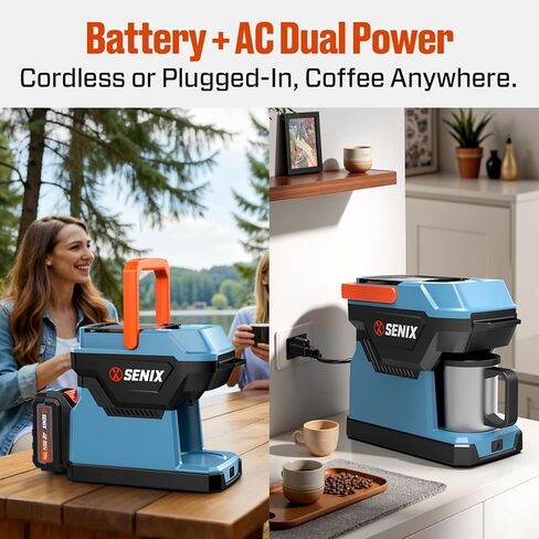 SENIX Coffee Maker, Portable Coffee Machine, 2-in-1 20V 5.0 Ah Battery, Charger & Power Cord, Compatible with K-Cups, Ground, Pods, 8oz Brew Size - for Travel, Camping, Job Site, RV, Home (CMX2-M4) in Kuwait