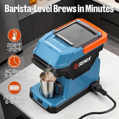 SENIX Coffee Maker, Portable Coffee Machine, 2-in-1 20V 5.0 Ah Battery, Charger & Power Cord, Compatible with K-Cups, Ground, Pods, 8oz Brew Size - for Travel, Camping, Job Site, RV, Home (CMX2-M4) in Kuwait