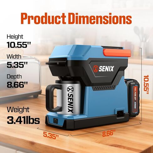 SENIX Coffee Maker, Portable Coffee Machine, 2-in-1 20V 5.0 Ah Battery, Charger & Power Cord, Compatible with K-Cups, Ground, Pods, 8oz Brew Size - for Travel, Camping, Job Site, RV, Home (CMX2-M4) in Kuwait