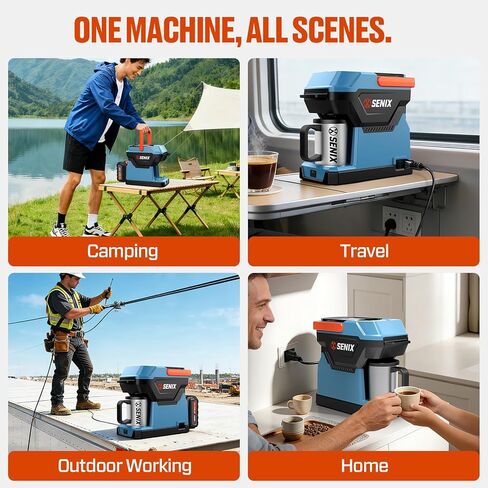 SENIX Coffee Maker, Portable Coffee Machine, 2-in-1 20V 5.0 Ah Battery, Charger & Power Cord, Compatible with K-Cups, Ground, Pods, 8oz Brew Size - for Travel, Camping, Job Site, RV, Home (CMX2-M4) in Kuwait