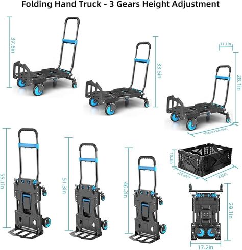 Folding Hand Truck 330 Lbs Capacity, 2-in-1 Heavy Duty Foldable Dolly Cart with Adjustable Handle & TPR Silent Wheels, Portable Aluminum Hand Cart for Moving, Luggage, Shopping, Office and Travel in Saudi Arabia