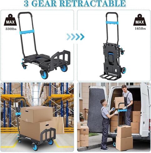 Folding Hand Truck 330 Lbs Capacity, 2-in-1 Heavy Duty Foldable Dolly Cart with Adjustable Handle & TPR Silent Wheels, Portable Aluminum Hand Cart for Moving, Luggage, Shopping, Office and Travel in Saudi Arabia