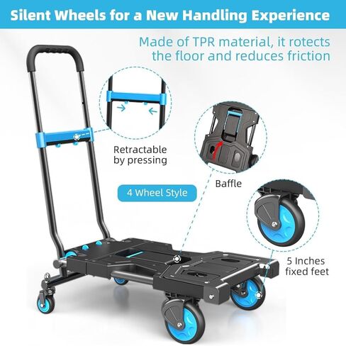 Folding Hand Truck 330 Lbs Capacity, 2-in-1 Heavy Duty Foldable Dolly Cart with Adjustable Handle & TPR Silent Wheels, Portable Aluminum Hand Cart for Moving, Luggage, Shopping, Office and Travel in Saudi Arabia
