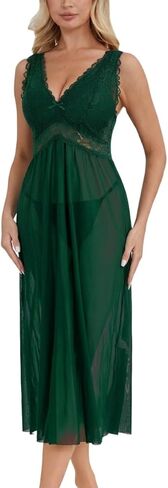 Alcea Rosea Women's Sexy Lingerie شفافة شبكية Babydoll Sleepwear Pajamas Lace v Neck Ocleveless Chemise Lightgowns 3805 in Kuwait