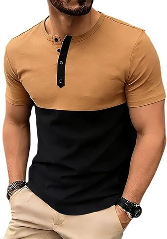 قمصان Henley للرجال بأكمام قصيرة ورقبة دائرية وقصة ضيقة وألوان زاهية صيفية كاجوال خفيفة الوزن ملابس عمل in Kuwait