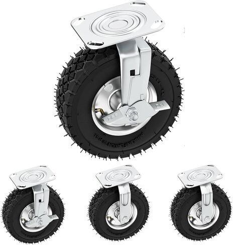 8 Inch Pneumatic Casters Wheels, No noise Heavy Duty Casters Set of 4 Tolerable 1000 lbs with Brake, Locking Swivel rubber caster, Industrial Castor Wheels for Workbench, Cart, Trolley and Wagon in Kuwait