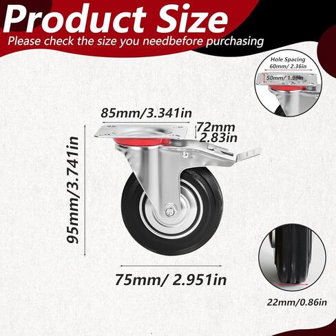 3 Inch Caster Wheels Set of 4, Heavy Duty Casters with Brake, Rubber Locking Casters for Cart, Workbench,Black (3"(2 Fixed+ 2 Swivel with Brake), 4) in Saudi Arabia