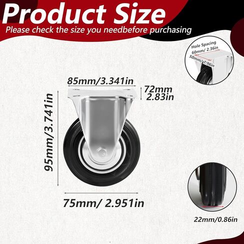 3 Inch Caster Wheels Set of 4, Heavy Duty Casters with Brake, Rubber Locking Casters for Cart, Workbench,Black (3"(2 Fixed+ 2 Swivel with Brake), 4) in Saudi Arabia