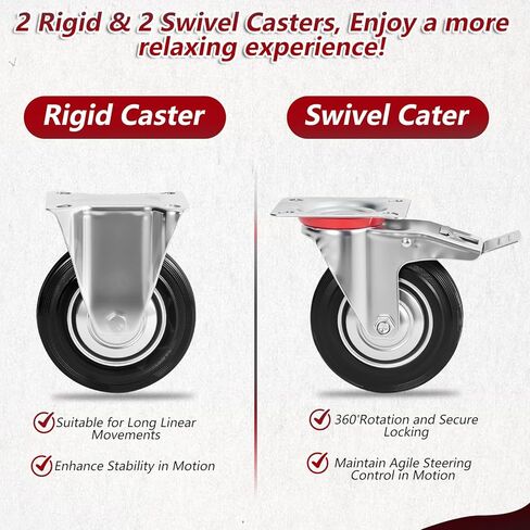 3 Inch Caster Wheels Set of 4, Heavy Duty Casters with Brake, Rubber Locking Casters for Cart, Workbench,Black (3"(2 Fixed+ 2 Swivel with Brake), 4) in Saudi Arabia