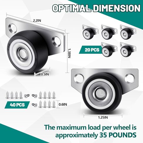 20 Set 1.25 Inch Small Side Mount Caster Wheels Little Drawer Rollers Mini Low Profile Casters Non Swivel Rigid Casters Wheels with Screws for Drawers, Wooden Furniture, Trays, DIY Project in Saudi Arabia