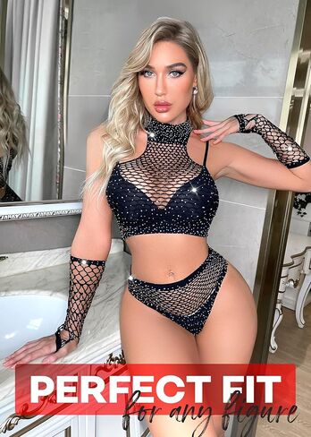 Elegant Mesh Lingerie Set for Women, Stylish Performance Outfit, Two Piece Sparkle Fishnet Lingerie Set, Sparkling Rhinestone Mesh Outfit, Nightwear Black in Saudi Arabia