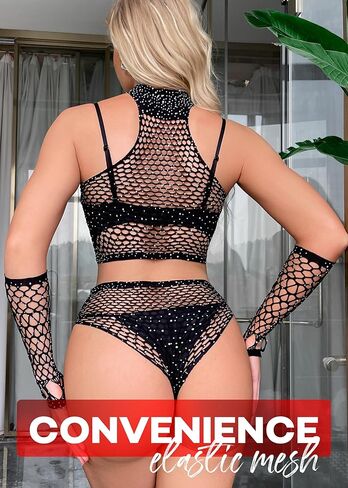 Elegant Mesh Lingerie Set for Women, Stylish Performance Outfit, Two Piece Sparkle Fishnet Lingerie Set, Sparkling Rhinestone Mesh Outfit, Nightwear Black in Saudi Arabia