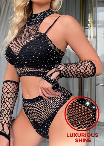 Elegant Mesh Lingerie Set for Women, Stylish Performance Outfit, Two Piece Sparkle Fishnet Lingerie Set, Sparkling Rhinestone Mesh Outfit, Nightwear Black in Saudi Arabia